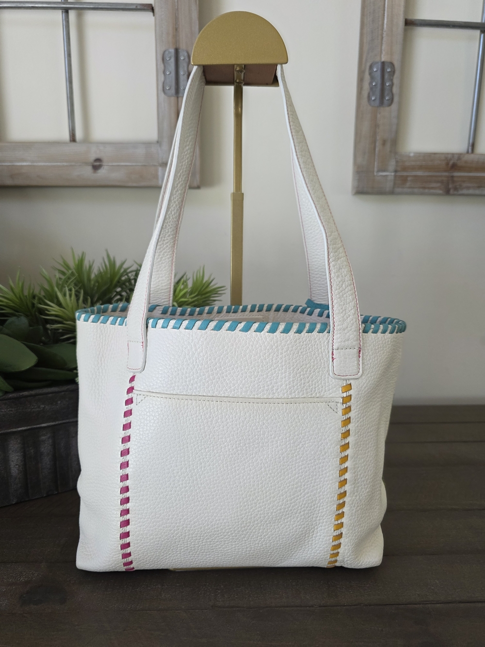 Brighton White Leather Tote Whipstitch Detail Floral Lining Heart Charm - Picture 3 of 13